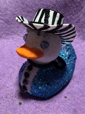 Glitter Blue Duck Figurine with Striped Hat